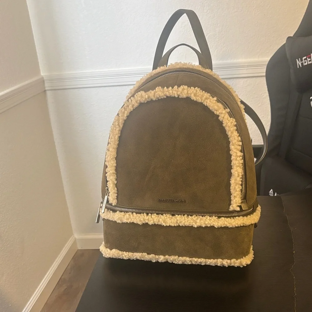 Michael Kors Olive Shearling-Trim Backpack - Picture 1 of 6